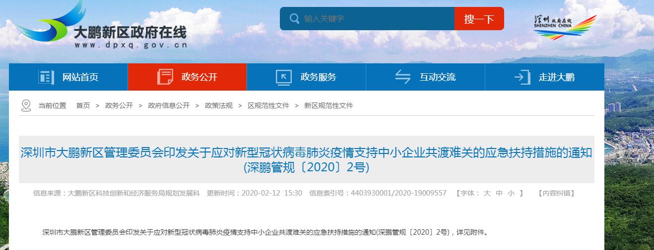 深圳大鵬新區(qū)應對新型冠狀病毒肺炎疫情優(yōu)惠政策